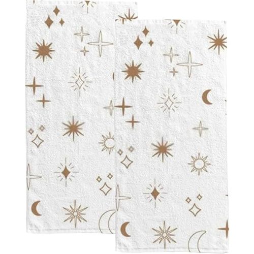 Bath Towel Hand Towel Boho Star Moon Sun Gold Doodle Style White Soft Fabric Fine Seam Lightweight Bathroom Beach Pool Towel Outdoors Travel Sports 30X15 Inch Set of 2