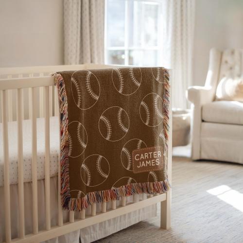 Personalized Baseball Ball Baby Blanket, Custom Name Sports Throw for Boys, Brown Baseball Baby Gift, Nursery Decor for Little Slugger