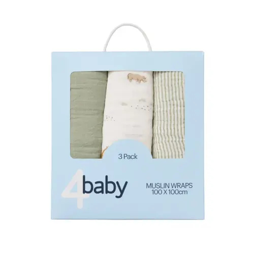 4Baby Muslin Wrap 3 Pack Sage | Baby Bunting AU
