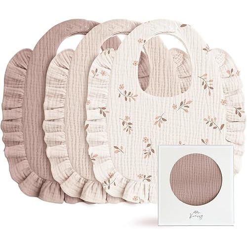 Konssy Muslin Baby Bibs for Girls – Soft 100% Cotton Drool Bibs, Ruffle Trim for Newborns & Toddlers 0-36 Months 3-Pack