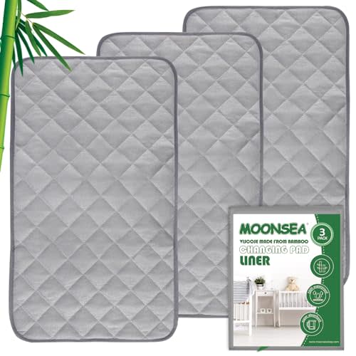 Diaper Changing Pad Liner Non-Slip, Waterproof Terry Mat, Quilted Absorbent Bassinet Liners Washable, 3 Pack 13"x 26" Reusable Portable Changing Table Pad Rectangle Grey