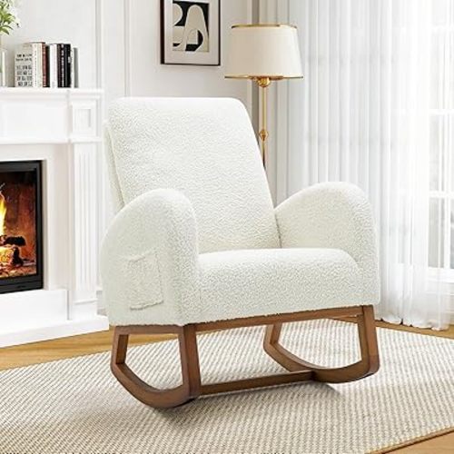 Rocking Accent Chair for Nursery, Modern Boucle Upholstered Glider Rocker Arm Chair with High Back & Side Pocket for Living Room, Bedroom, Office, White