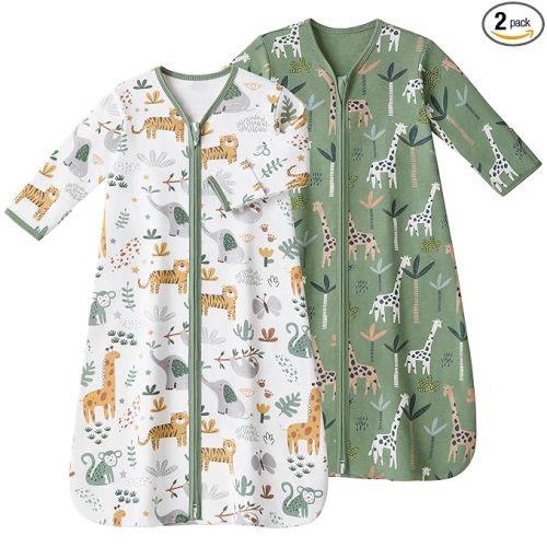 Baby Sleep Sack 6-12 Months, Long Sleeve Baby Wearable Blanket 0.5 Tog with Mittens, 2-Way Zipper Infant Cotton Sleeping Sack for Boy and Girl Green Giraffe 2 Pack (Medium)