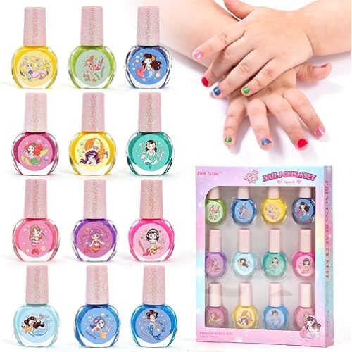 Kids Nail Polish Sets - 12 Pcs 100% Non Toxic Peel Off Water Based Safe Quick Dry Nail Polish Kit - Birthday Gift Nail Paint Set for Girls - Ages 3+