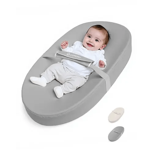COMOMY Baby Changing Pad with Wipeable & Waterproof PU Cover, Contoured Diaper Changing Pad for Dresser with Non-Slip Safety Belt, Portable and Lightweight, Large Cushioned Foam, Light Grey