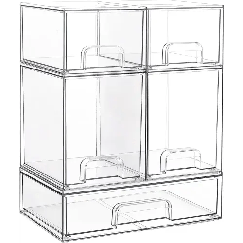 Vtopmart Stackable Storage Drawers Set of 5, Clear Plastic Organizer Bins for Beauty Supplies,Ideal for Vanity, Bathroom,Cabinet,Pantry Organization