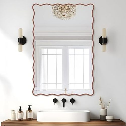 Wavy Bathroom Mirror with Wood Frame, 20" x 30" Rectangle Scalloped Mirror for Wall Decor, Bathroom Vanity, Bedroom, Living Room, Entryway (Walnut)