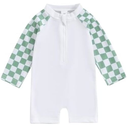 Lesimsam Toddler Baby Boy Swimsuit Checkered Patchwork Long Sleeve One Piece Zipper Bathing Suit Rash Guard Swimwear Sunsuit