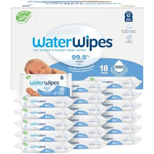 WaterWipes Plastic-Free Original Baby Wipes, 99.9% Water Based Wipes, Unscented & Hypoallergenic for Sensitive Skin, 1080 Count (18 packs)