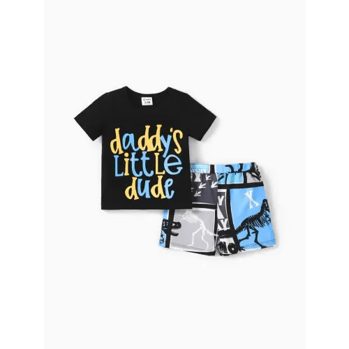2pcs Baby Boy Cotton Short-sleeve Letter Graphic Tee and Dinosaur Print Shorts Set