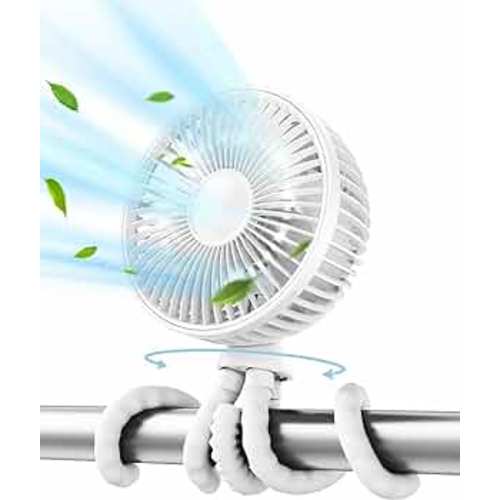 Gaiatop Baby Stroller Fan, 4000mAh Oscillating Mini Portable Fan with Light, 4 Speeds Battery Operated Small Handheld Desk Fan, 360° Rotate Flexible Tripod Clip On Fan for Car Seat Crib Travel White