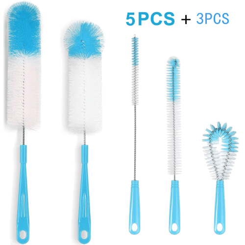 Semfri 5 Pack Bottle Cleaning Brush Set Long Handle Cleaner for Narrow Wine Beer Bottles Sports Cups Thermos Feeder Kettle Blue