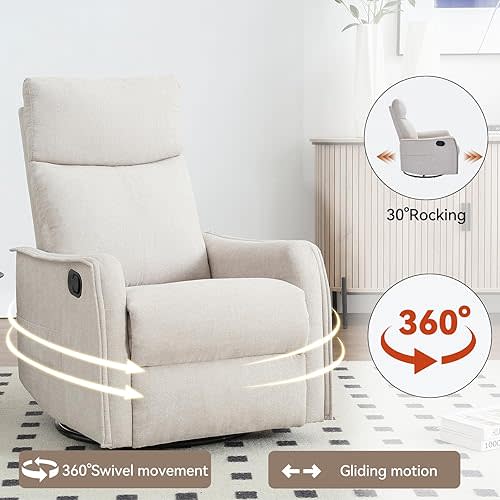 Massage Rocker Swivel Recliner Chair for Adults, Manual Recliner Glider with Lumbar Heating, Technical Flannel Fabric Nursery Glider Rocking Chair with Vibration Massage for Living Room - Beige