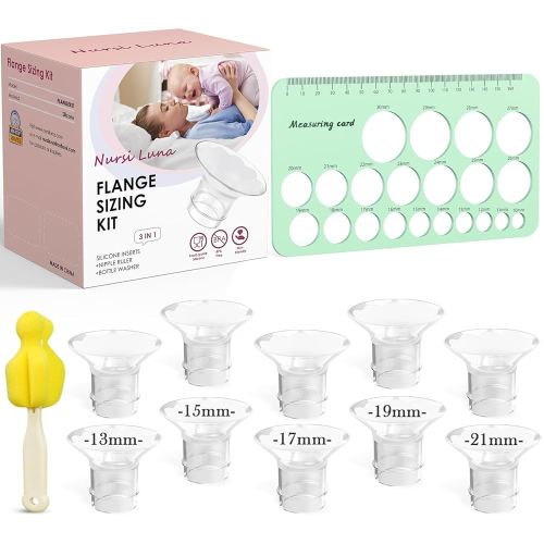 Flange Sizing Kit 3 in 1 with 10PCS Flange Inserts 13/15/17/19/21mm, Silicone Breast Pump Flanges Insert Kit for 24mm Electric Breast Pump, Pumping Breastfeeding Essentials Kit for New Mom