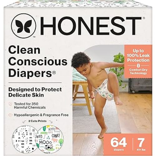 The Honest Company Clean Conscious Diapers for Sensitive Skin | Up to 100% Leakproof | Hypoallergenic, Fragrance Free | Gender Neutral | Super Club Box, Size 7 (41+ lbs), 64 Count (Prints May Vary)