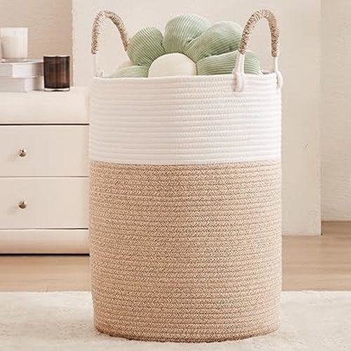 80L Extra Large Hamper Laundry Basket Tall Woven Clothes Hamper Cotton Rope Blanket Basket in Living Room Bathroom Bedroom Brown