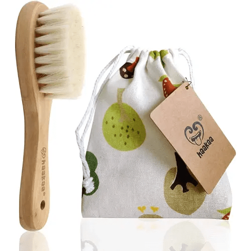 haakaa Wooden Baby Hair Brush for Newborns and Toddlers Baby Brush Natural Soft Goat Bristles Hairbrush, Ideal for Cradle Cap, Perfect Baby Registry Gift with Carry Pouch, 1PC