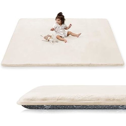 1.5" Thick Baby Play Mat for Floor, 59x79 Playpen Mat, Pro Soft Flannel Foam Mats Toddler Infant Kids Crawling for Nursery Rug Playroom Living Room Waterproof Easy Care Non-Slip (Beige)