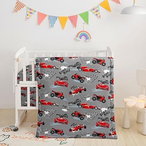 Axolotl Racing Car Bedding Set,3 Piece Bedding Set Soft Comforter Bed Set,Red Car Bed Set Including 1 Quilt Comforter Fitted Sheet Bed Skirt for Boys,Grey