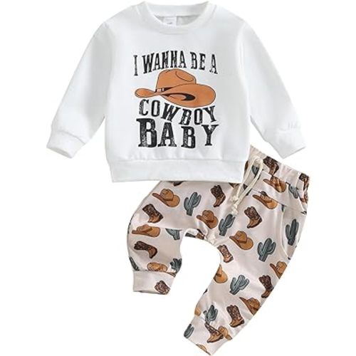 SAYOO Western Baby Boy Clothes Cow Print Sweatshirt Pullover Top Jogger Pants 2Pcs Toddler Boy Cowboy Fall Winter Outfits