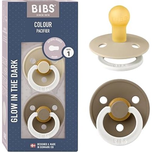 BIBS Pacifiers Colour Collection | Natural Rubber Baby Pacifier | Set of 2 BPA-Free Soothers | Made in Denmark | 0+ Months (Pack of 2) | Vanilla Night/Dark Oak Night