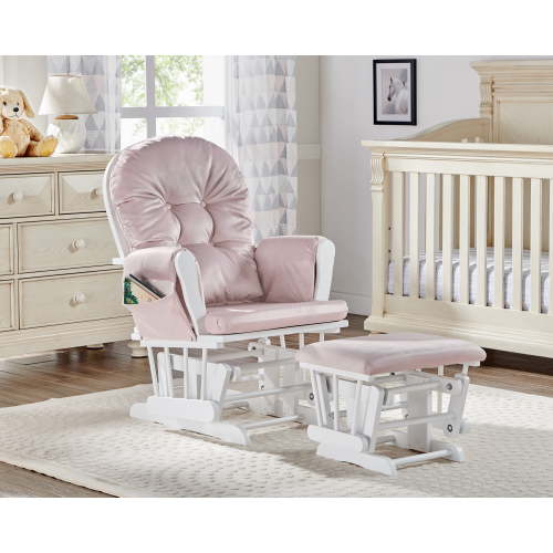 Suite Bebe Mason Glider & Ottoman, White Finish with Pink Cushions