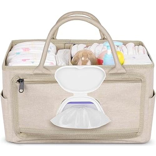 Diaper Caddy with Wipe Dispenser One-Handed Access, Premium Diaper Organizer, Portable Car Organizer Nursery Basket for Newborn Essentials, Baby Registry Must Haves for Boys & Girls, Beige