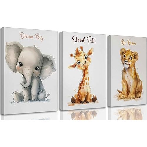 3 Pcs Safari Nursery Canvas Wall Art Kids Cute Inspirational Animal Lion Giraffe Elephant Painting Picture Wall Decor Poster Print Artwork for Baby Boys and Girls Room Home Decoration