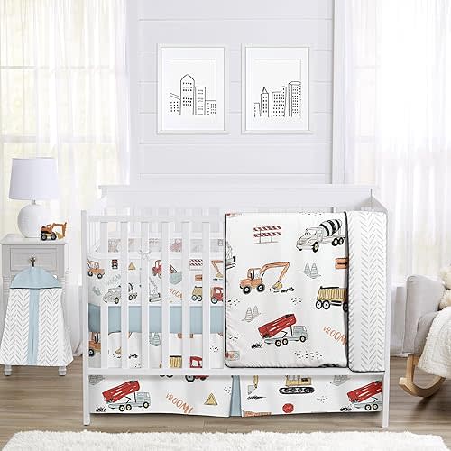 Sweet JoJo Designs Construction Truck Boy Baby Crib Bedding Set Infant Nursery Room BreathableBaby Breathable Mesh Crib Liner Blanket Fitted Sheet Skirt 6p Red Blue Transportation Arrow Tire Tracks
