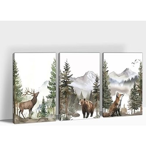 ANRUOXI Nursery Wall Art Decor, Wild Animals Forest Pictures Wall Decor, Adventure Theme Canvas Posters, Deer Bear Fox Watercolor Paintings Canvas Prints for Boys & Girls Room Decor 3Pcs 16x24 Inch