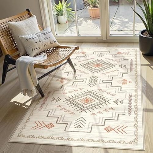 STARUIA 3x5 Washable Area Rug Western Clearance, Non-Slip Small Entryway Rug Beige Aztec Tribal Classic Boys Rug for Bedroom Low-Pile Carpet for Indoor Kitchen Bathroom(Beige 3'x5')