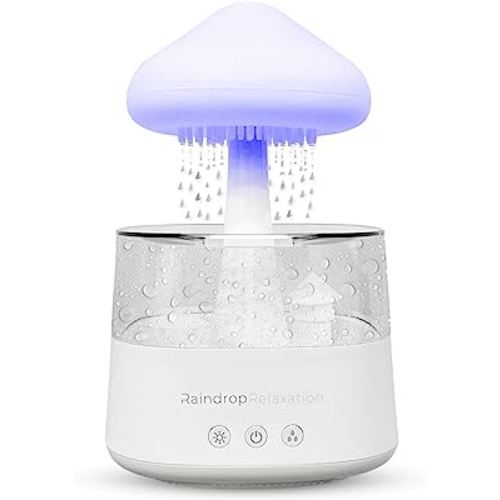 RaindropRelaxation - Mushroom Rain Humidifier – Water Drip & Essential Cloud Oil Diffuser for Home Aroma – Bedroom Night Light & Waterfall Lamp With Calming Rain Sounds to Help Sleeping & Stress