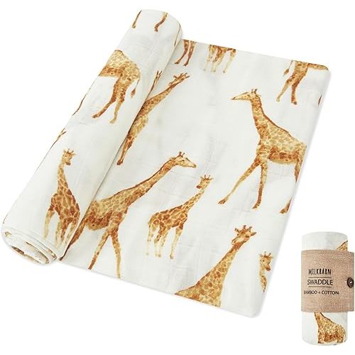 Milkbarn Baby Swaddle Blanket, Rayon from Bamboo Muslin Swaddles for Newborn Girls & Boys, Breathable Infant Swaddles Wrap, Shower & Registry Gifts, Newborn Essentials, Orange Giraffe