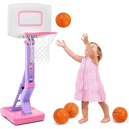 SUPER JOY Toddler Basketball Hoop for Kids 1-3, Height Adjustable Basketball Hoop for Indoor Outdoor Play, Portable Basketball Goal Poolside Basketball Toy for Boys Girls