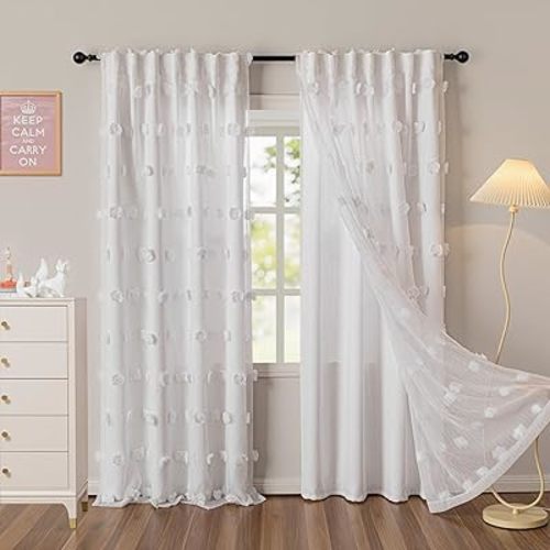 MYSKY HOME White Curtains for Living Room 84 Inches Long Double Layer Nursery Curtain for Kids Bedroom White Pom Pom Sheer Back Tab Light Filtering Privacy Protect Window Drapes 2 Sets, 52 x 84 in
