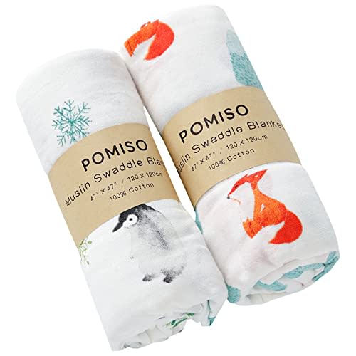 POMISO Muslin Swaddle Blankets for Boys & Girls, Receiving Baby Blanket for Newborns, Large 47 x 47 Inches, Soft Breathable Baby Swaddles, Fox & Penguin