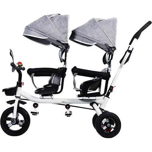 Double Seat Tricycle Stroller, Anti-Rollover Tandem Trike with Push Handle & Shockproof Rubber Wheels, 98cm Length & 100cm Height, for 2-8 Year Olds, Outdoor Kids Ride On Bike Grey