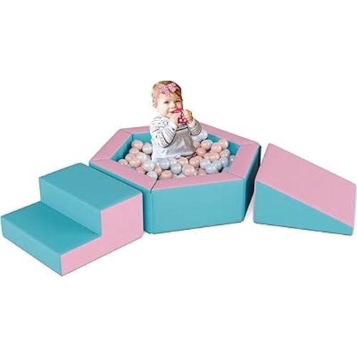 Foam Climbing Blocks for Girls Toddlers,Pink Soft Play Set Ball Pit,Climb & Crawl Foam Playset for Kids, Toddler Climber Indoor with Pad,Easy to Clean