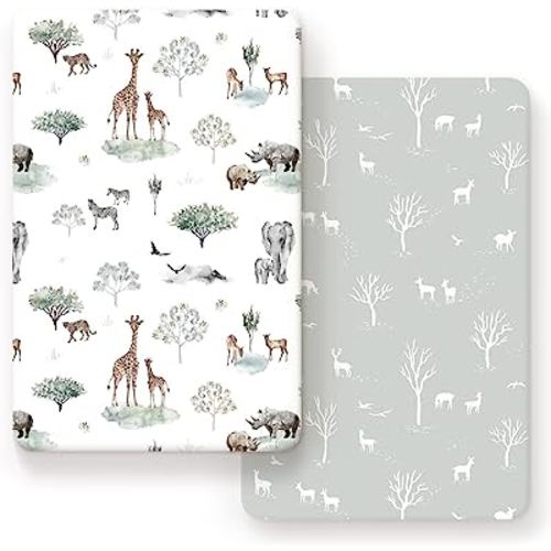GRSSDER Ultra Soft Pack and Play Sheets, Stretchy Jersey Knit Pack n Play Sheets Fitted 2 Pack, Universal Fitted Portable/Mini Crib Mattresses Safe and Snug, Pretty African Savannah Animals