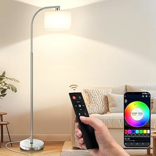Floor Lamp for Living Room with Remote,Dimmable Standing Lamps,Modern Tall Floor Light with Smart RGB Bulb,App Control,3 Color Temperatures,Fabric Shades,Silver Floor Lamp for Bedroom Corner