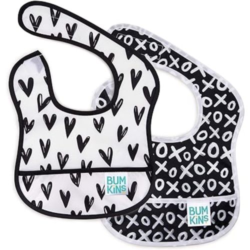 Bumkins Bibs, for Baby Girl or Boy, Infant 3-9 Months, Essential Must Have for Eating, Feeding, Baby Led Weaning, Mess Saving Waterproof Soft Fabric, Starter Bib 2-pk Hearts, XOXO Black and White