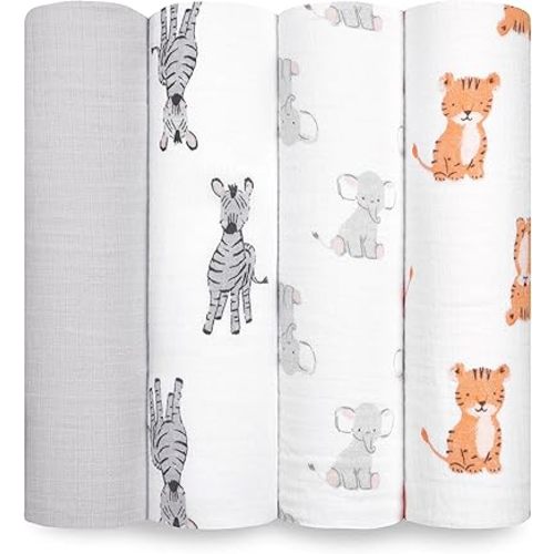 aden + anais Essentials Muslin Swaddle Blankets for Baby Girls and Boys, Newborn Receiving Blanket for Swaddling, 100% Cotton Baby Swaddle Wrap, 4 Pack, Safari Babes