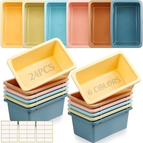 Thyle 24 Pieces 11.6 x 7.7 Inch 6 Colors Plastic Cubby Bins with Labels Classroom Stacking Bins Storage Container Organizer Storage Cubbies for Classroom Office (Morandi Color)