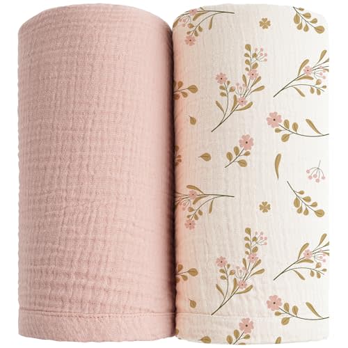 Konssy 2 Pack Muslin Swaddle Blankets for Baby Boys Girls, Receiving Blanket Large 47 x 47 inches, Soft Breathable Muslin Baby Blanket for Unisex Newborn(Pink, Floral)