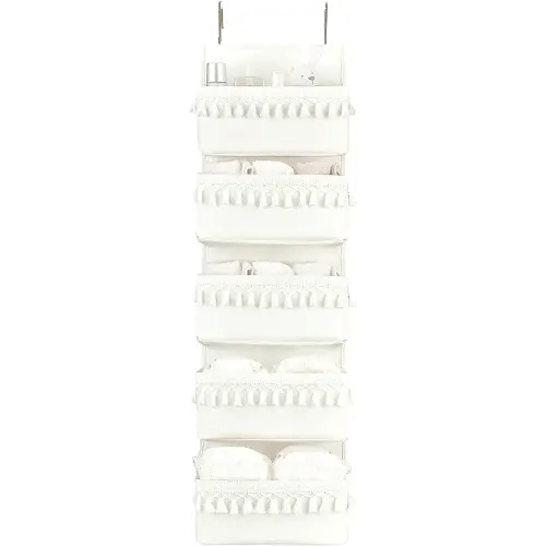 Dahey Over The Door Organizer Boho Nursery Storage Decor Closet Hanging Organizer with Tassels Decoration for Bedroom Nursery Bathroom Apartments Dorm Pantry, 5 Pockets, White