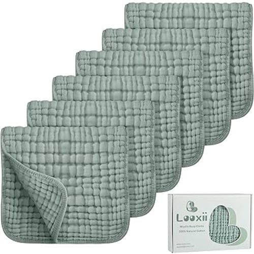 Looxii Muslin Burp Cloths 100% Cotton Muslin Cloths Large 20''x10'' Extra Soft and Absorbent 6 Pack Baby Burping Cloth for Boys and Girls (Dark Green)