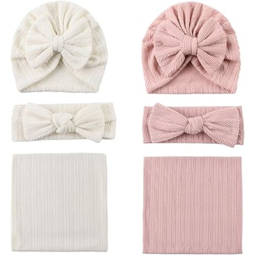 OMUKY Newborn Nursery Swaddle Wrap Baby Boy Girls Receiving Blanket with Matching Bow Headband and Beanie Set(Beige+Skin Pink)
