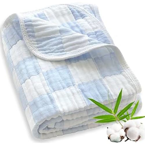 Muslin Baby Blankets for Boys Girls, 70% Cotton and 30% Rayon Blanket for Infant Toddler, Super Soft and Lightweight Blankets with Checkerboard Design Blue 43 x 43 Inches