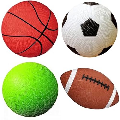 AppleRound Pack of 4 Toy Sports Balls with 1 Pump for Toddlers and Kids: 5-Inch Basketball, 5-Inch Soccer Ball, 5-Inch Playground Ball, 6.5-Inch Football (Mixed Bundle)