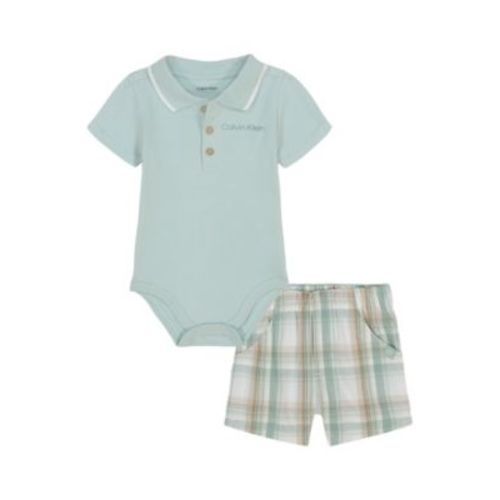 Baby Boys 2-Piece Interlock Polo Bodysuit Poplin Plaid Shorts Set